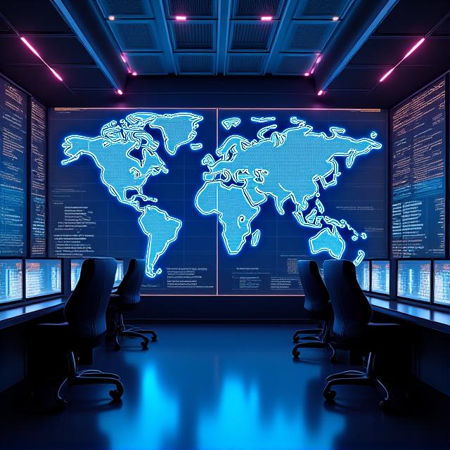 High-tech logistics control center with digital maps