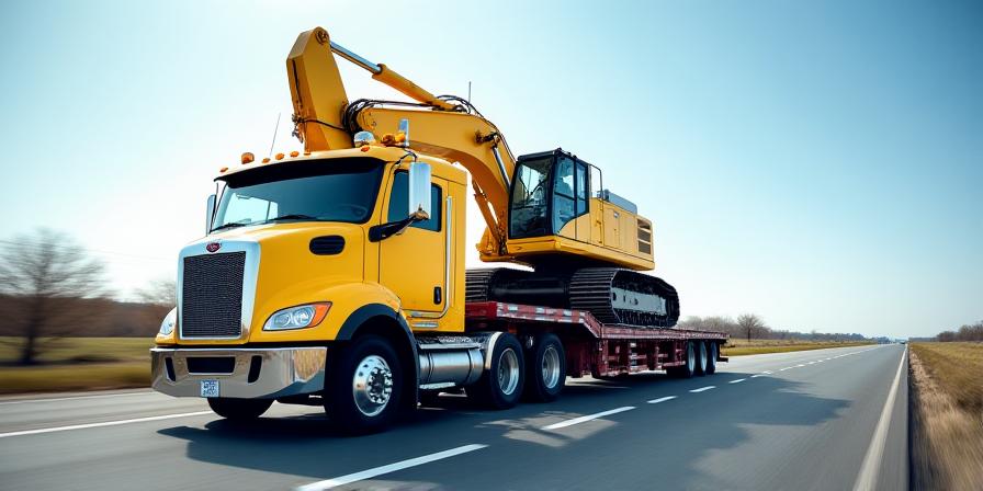 Heavy machinery being loaded onto a flatbed truck