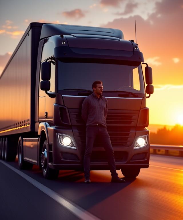 Professional truck driver leaning against a modern rig